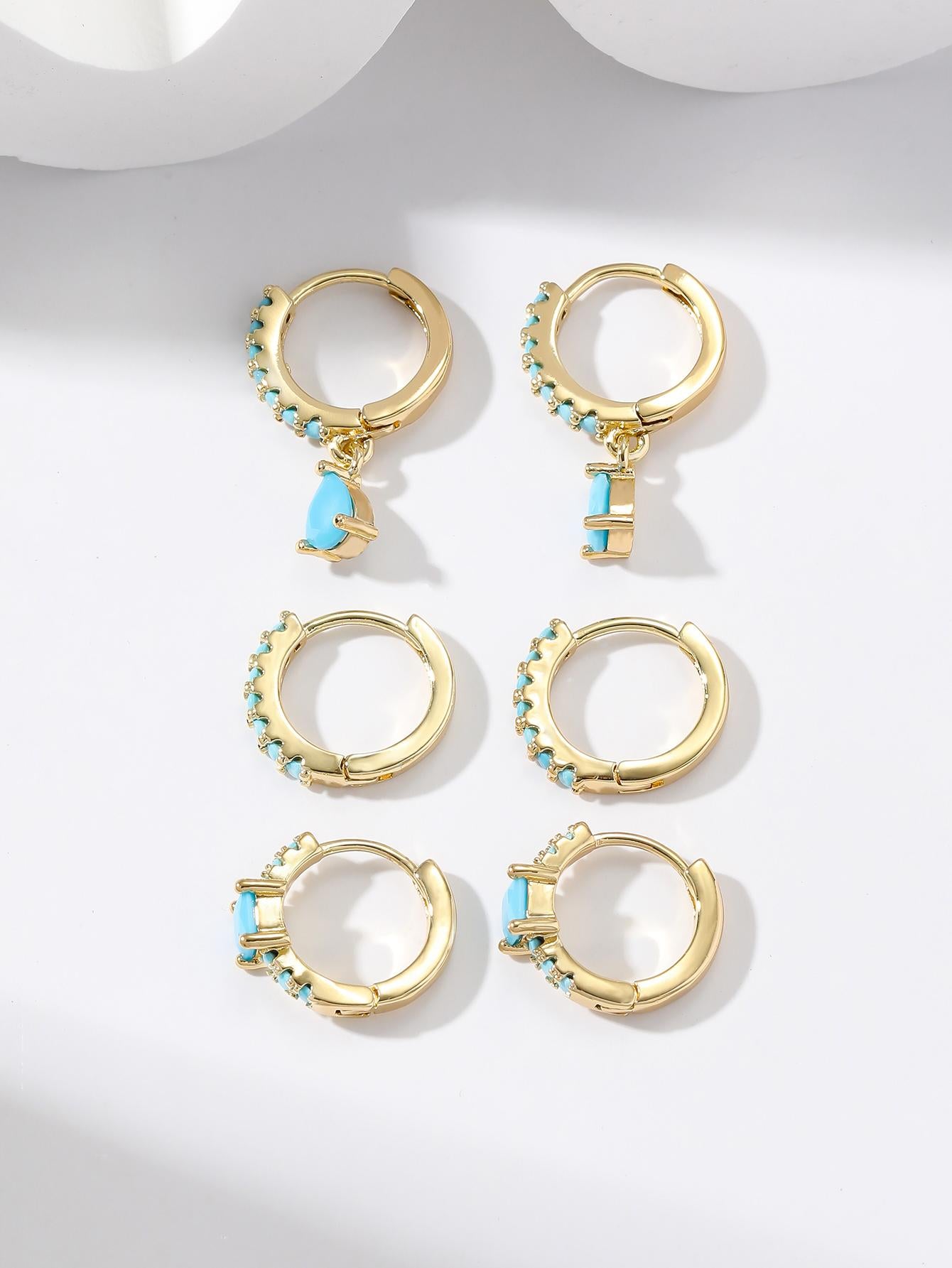 Turquoise Radiance Earring Set: 6pcs Elegant Geometric Circles with Cubic Zirconia Inlay