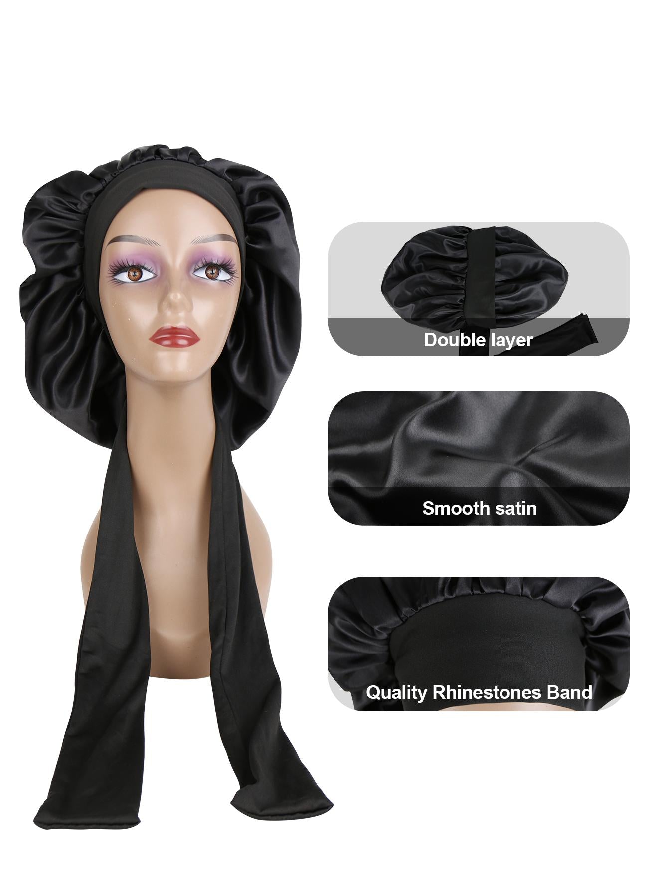 1PC Satin bonnet Sleep cap Double Layer Bonnet with Elastic Long Tie Band