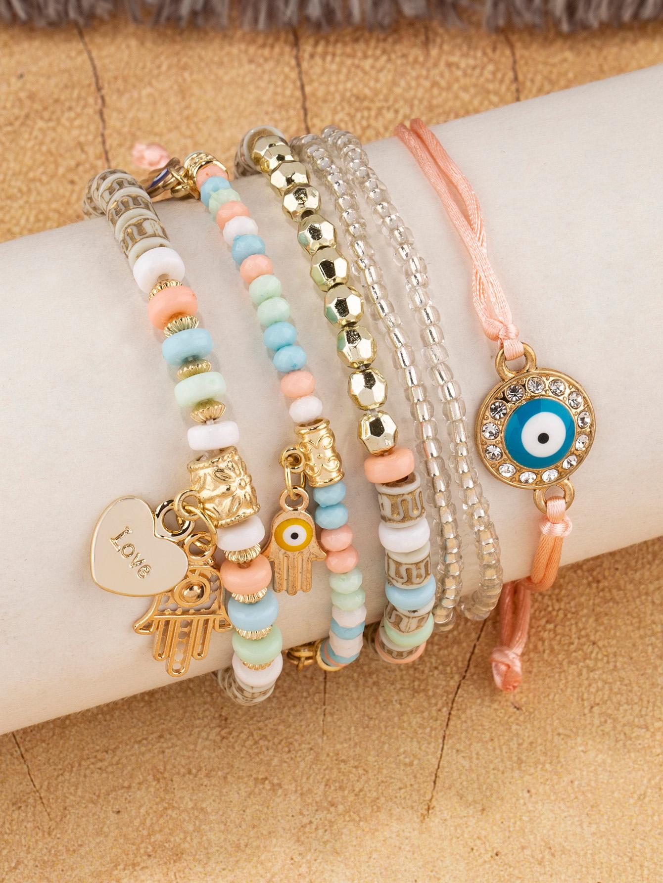 6pcs/set Eye Detail Hamsa Hand & Heart Charm Beaded Bracelet