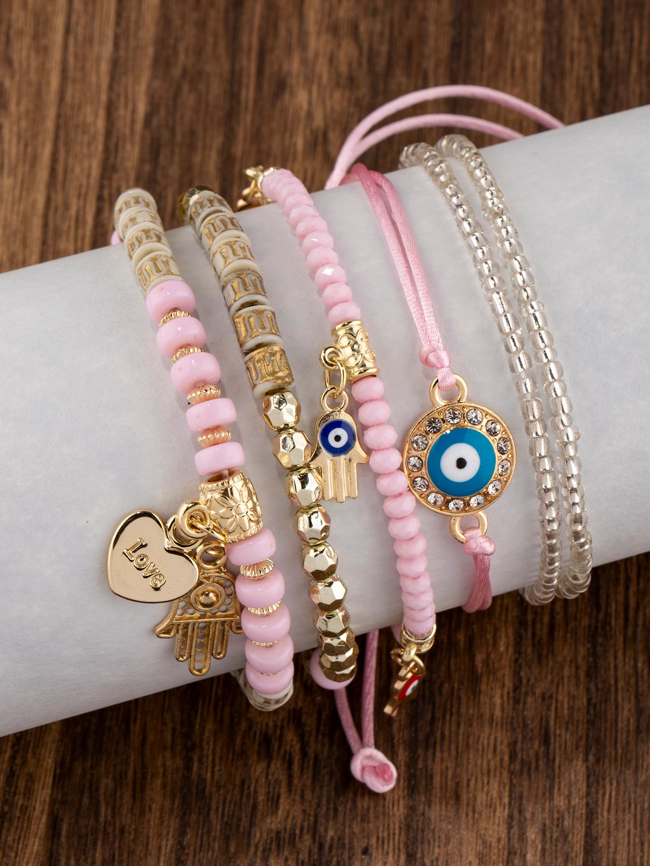 6pcs/set Eye Detail Hamsa Hand & Heart Charm Beaded Bracelet