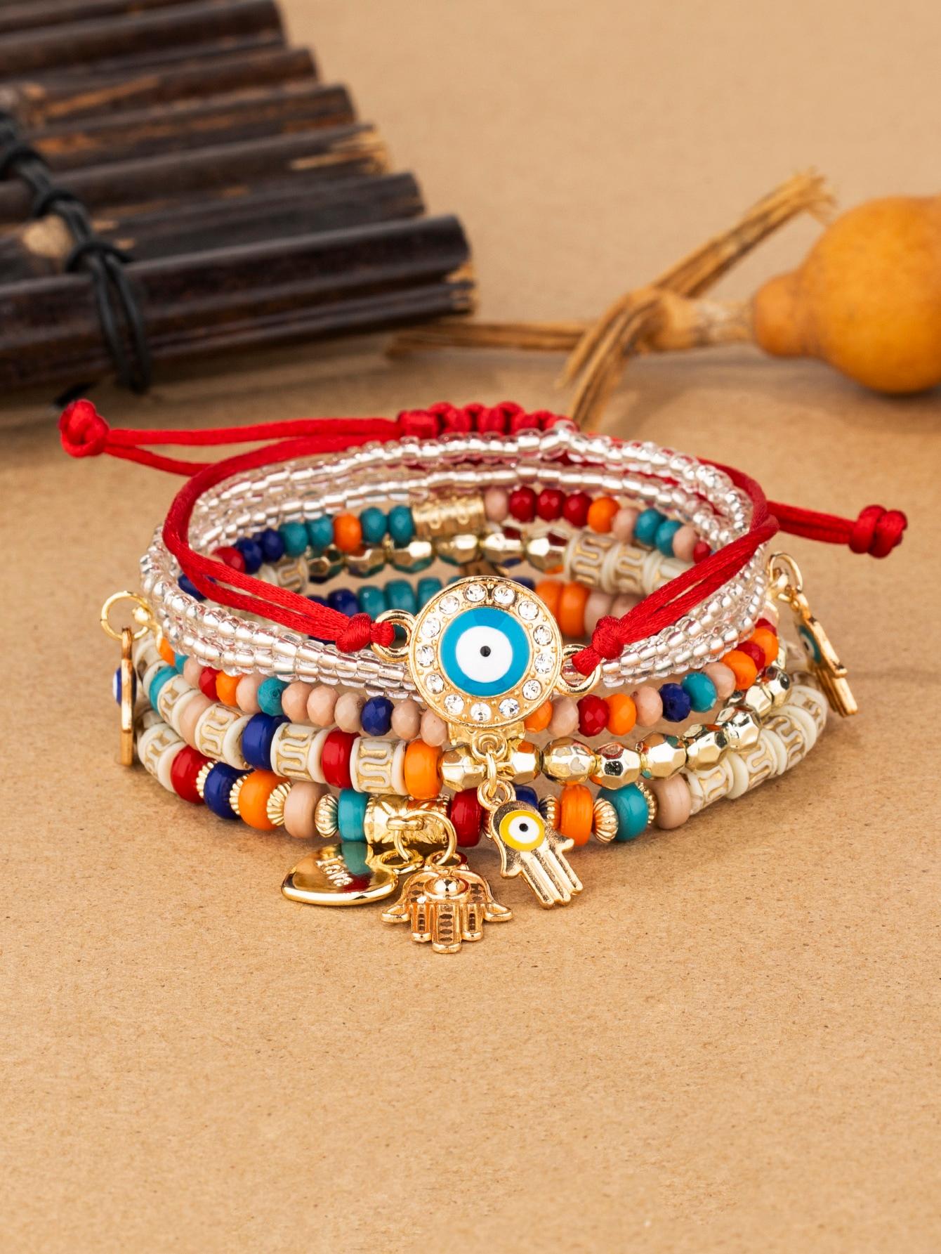 6pcs/set Eye Detail Hamsa Hand & Heart Charm Beaded Bracelet