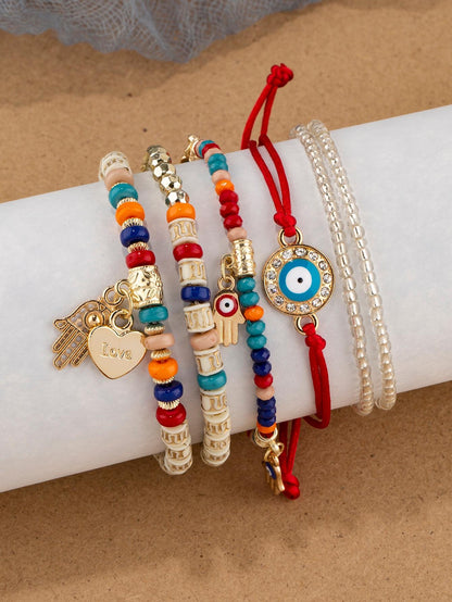 6pcs/set Eye Detail Hamsa Hand & Heart Charm Beaded Bracelet