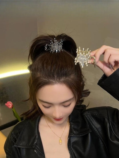 Pearl Elegance Rhinestone Hair Claw Clip for High Ponytail