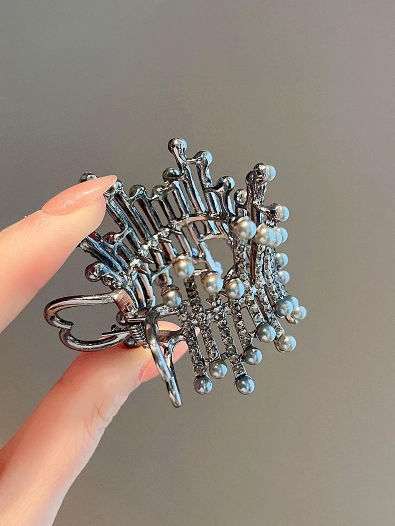 Pearl Elegance Rhinestone Hair Claw Clip for High Ponytail