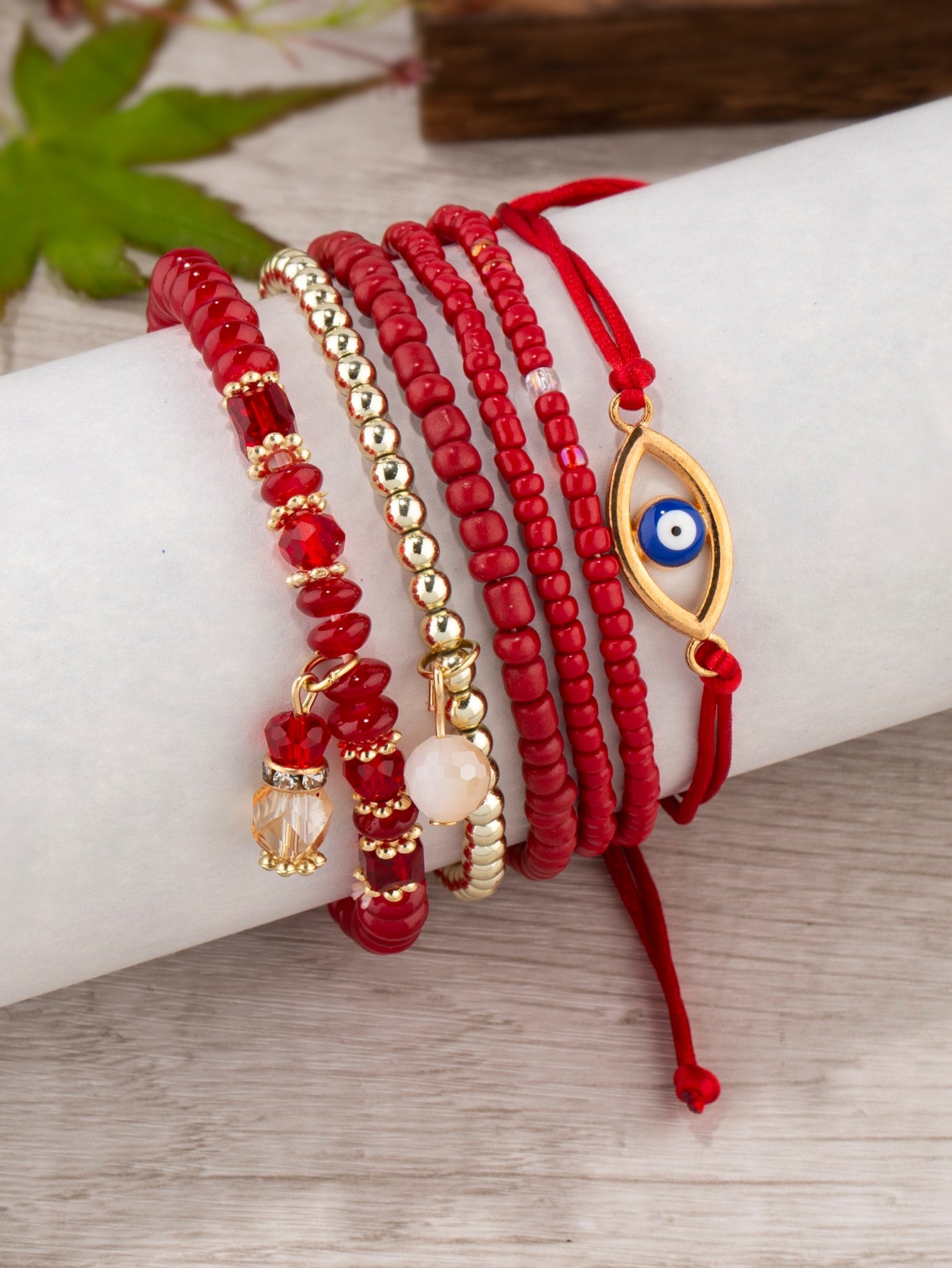 6pcs/set Eye Detail Hamsa Hand & Heart Charm Beaded Bracelet