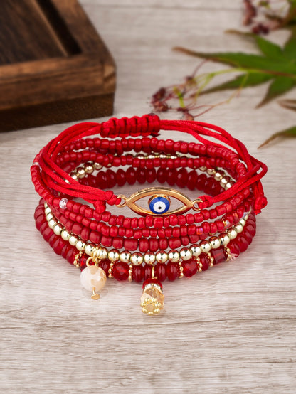 6pcs/set Eye Detail Hamsa Hand & Heart Charm Beaded Bracelet