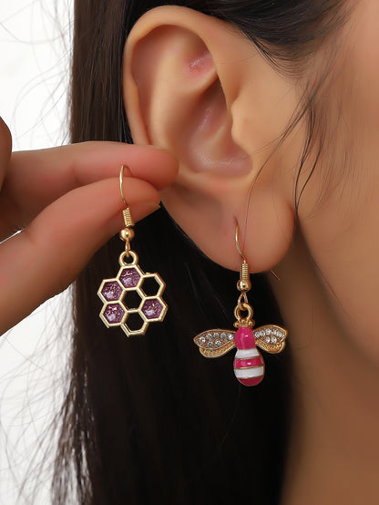 Bee Honeycomb Decor Mismatched Drop Earrings