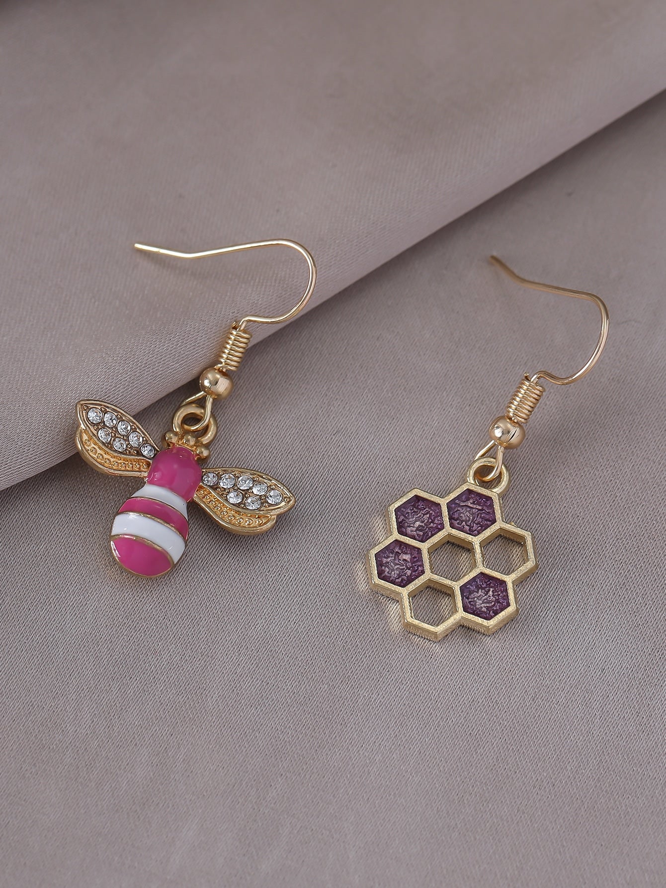 Bee Honeycomb Decor Mismatched Drop Earrings