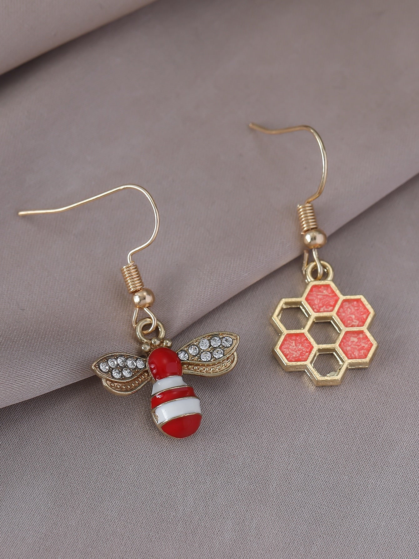 Bee Honeycomb Decor Mismatched Drop Earrings