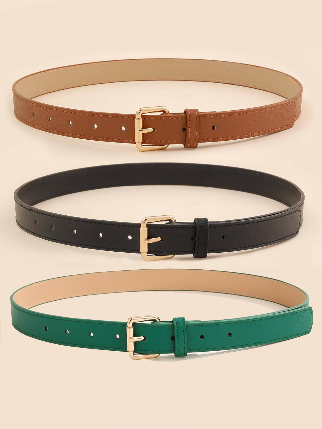 3pcs Women Rectangle Buckle Fashionable Belt For Daily Decoration