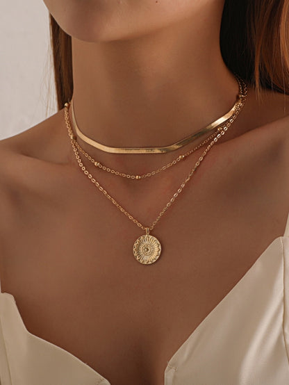 Triple Layers of Elegance: Snake Chain & Round Disc Pendant Necklace