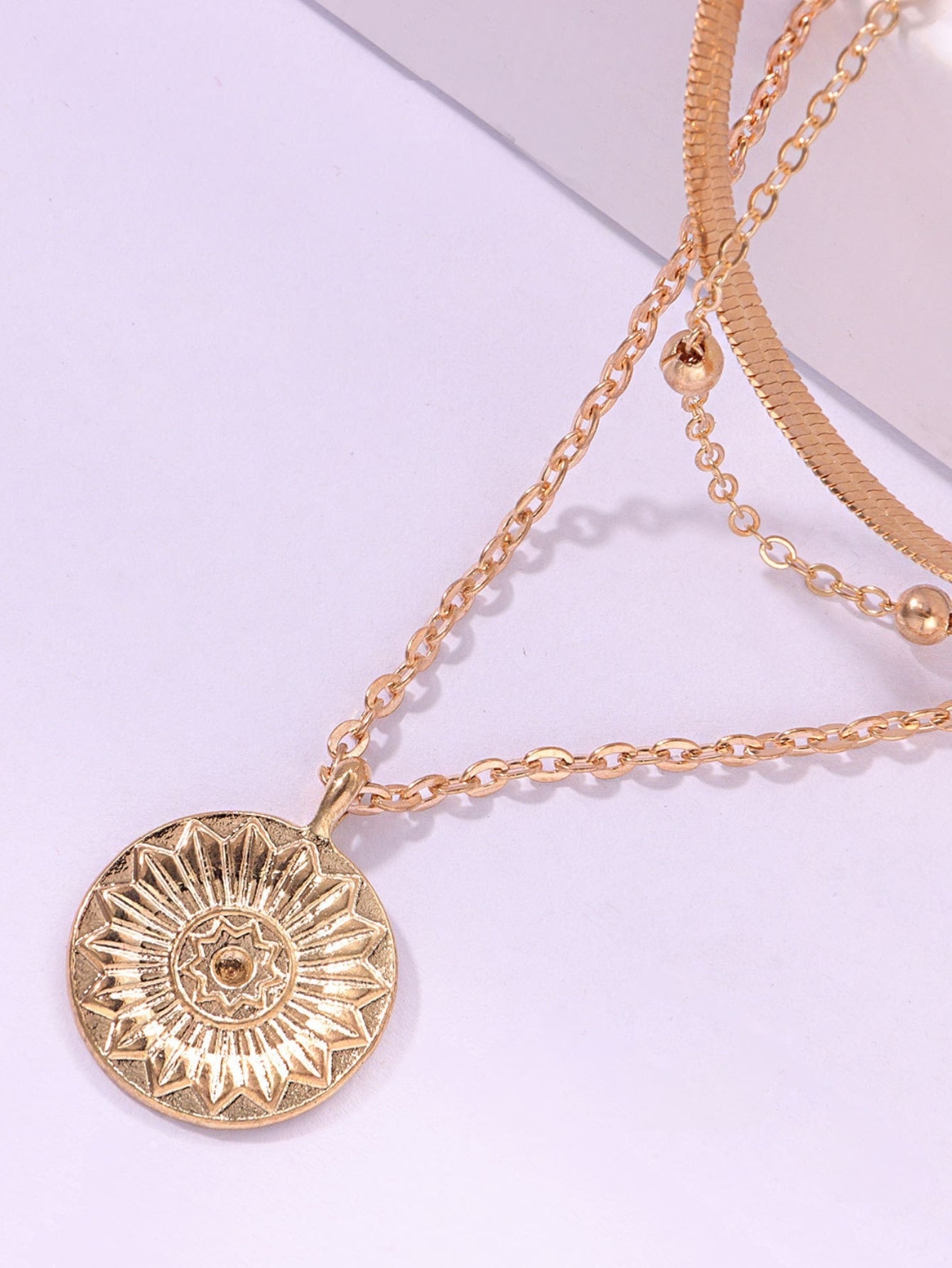 Triple Layers of Elegance: Snake Chain & Round Disc Pendant Necklace