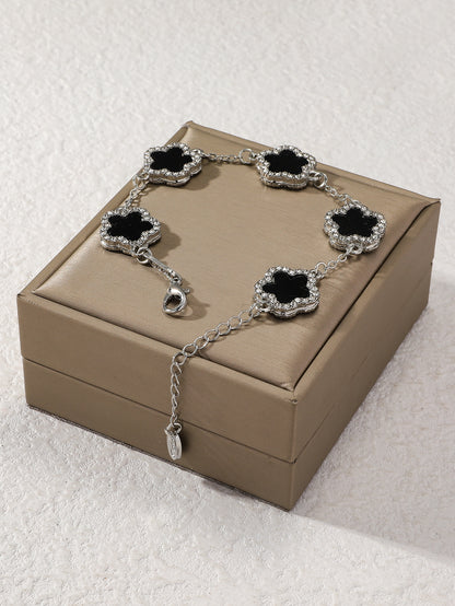 1pc Black Clover & Rhinestone Decor Fashionable Elegant Women's Chain Bracelet (Without Packaging Box)