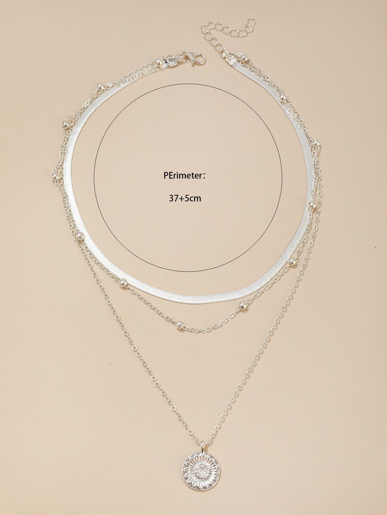 Triple Layers of Elegance: Snake Chain & Round Disc Pendant Necklace