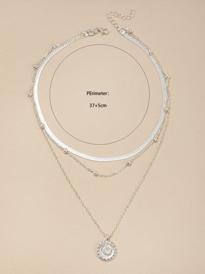 Triple Layers of Elegance: Snake Chain & Round Disc Pendant Necklace