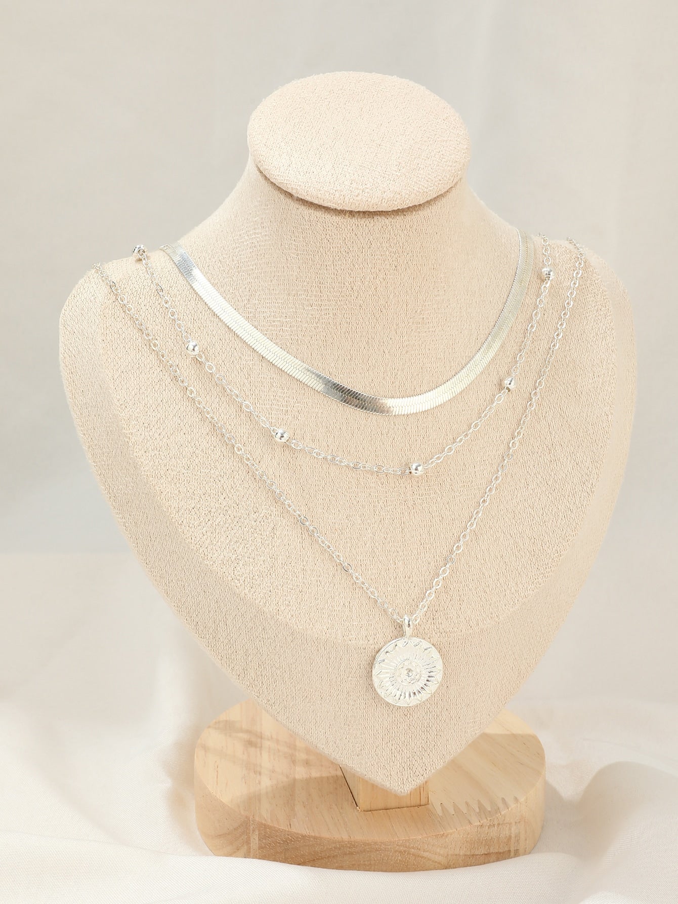 Triple Layers of Elegance: Snake Chain & Round Disc Pendant Necklace