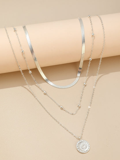 Triple Layers of Elegance: Snake Chain & Round Disc Pendant Necklace