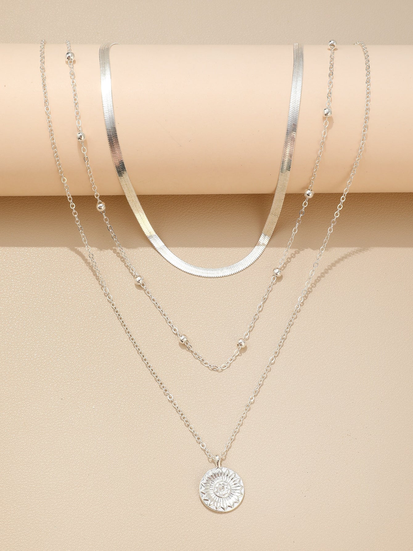 Triple Layers of Elegance: Snake Chain & Round Disc Pendant Necklace