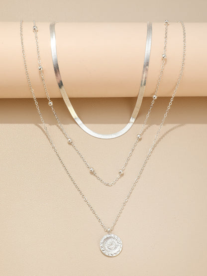 Triple Layers of Elegance: Snake Chain & Round Disc Pendant Necklace