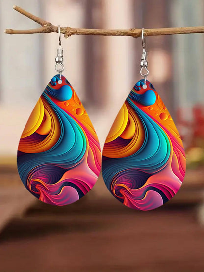 Double Sided Rainbow Print Water Drop Wooden Hook Earrings