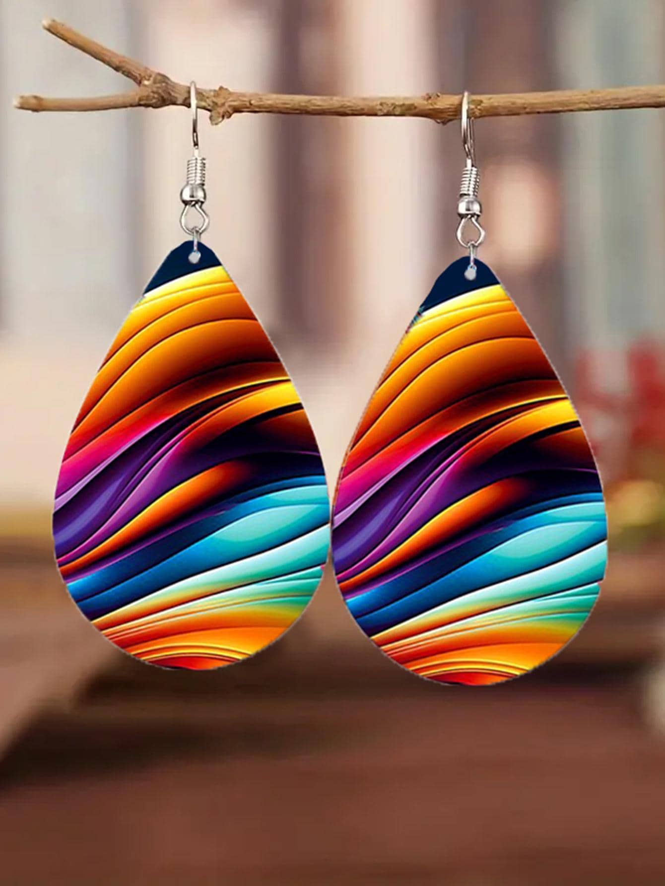 Double Sided Rainbow Print Water Drop Wooden Hook Earrings