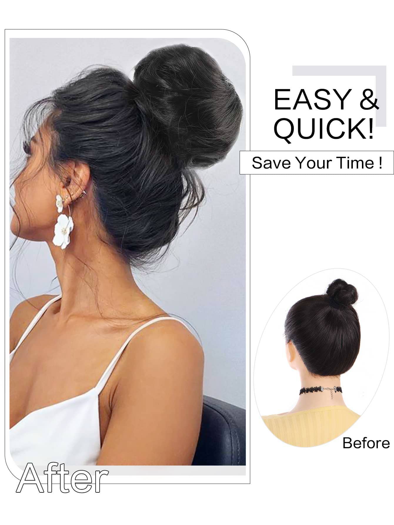 Black Straight Chignon Donut Bun Hair for Girls 3 inch Drawstring Ponytail Bun Hair Extensions