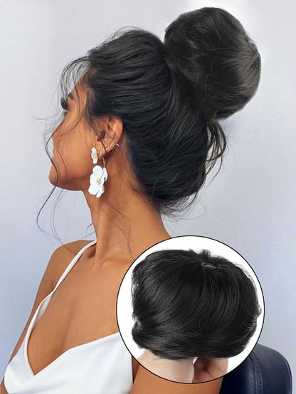 Black Straight Chignon Donut Bun Hair for Girls 3 inch Drawstring Ponytail Bun Hair Extensions