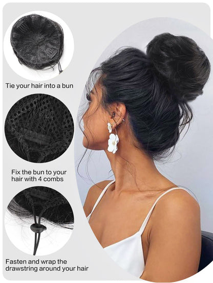 Black Straight Chignon Donut Bun Hair for Girls 3 inch Drawstring Ponytail Bun Hair Extensions