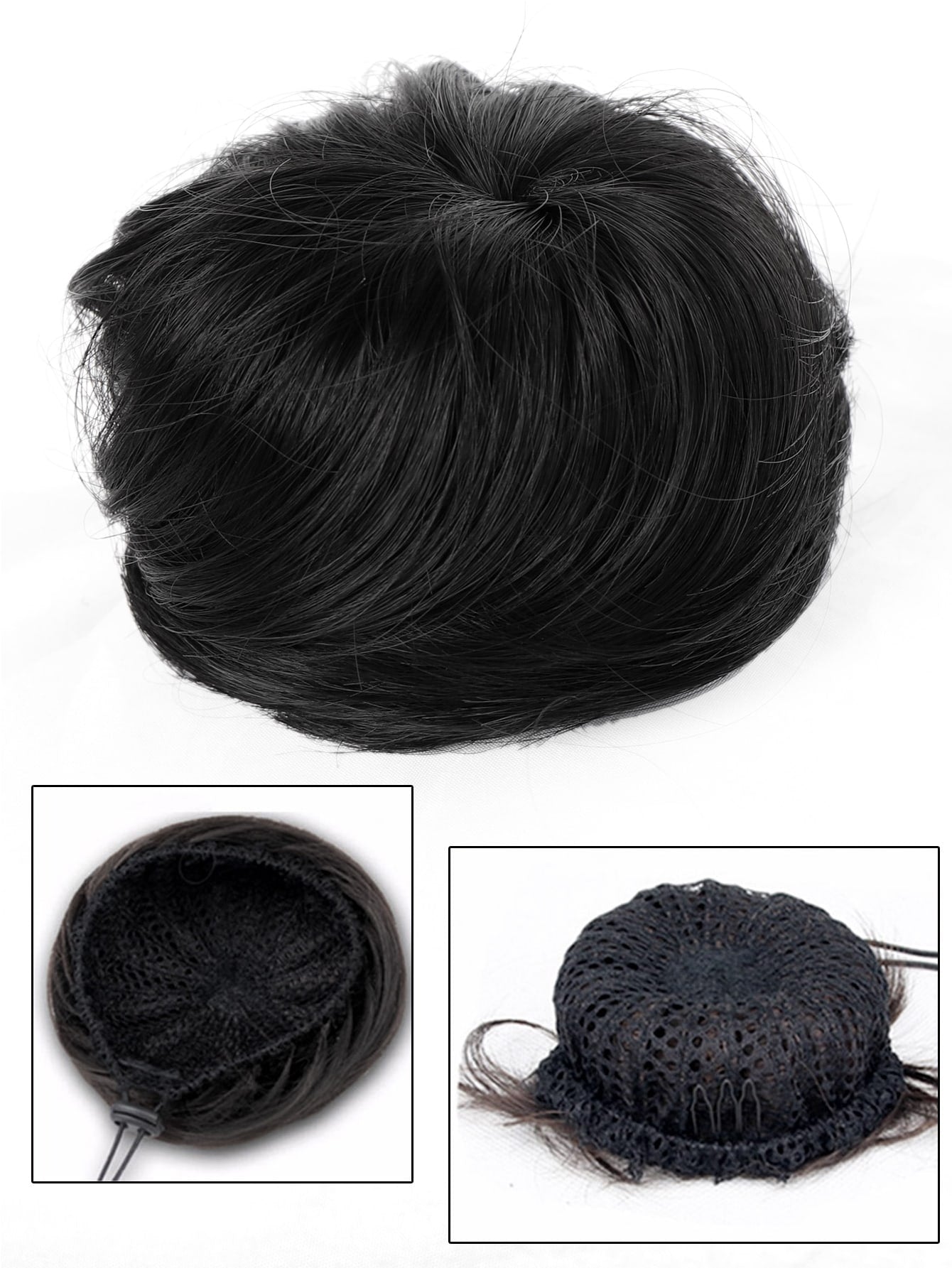 Black Straight Chignon Donut Bun Hair for Girls 3 inch Drawstring Ponytail Bun Hair Extensions