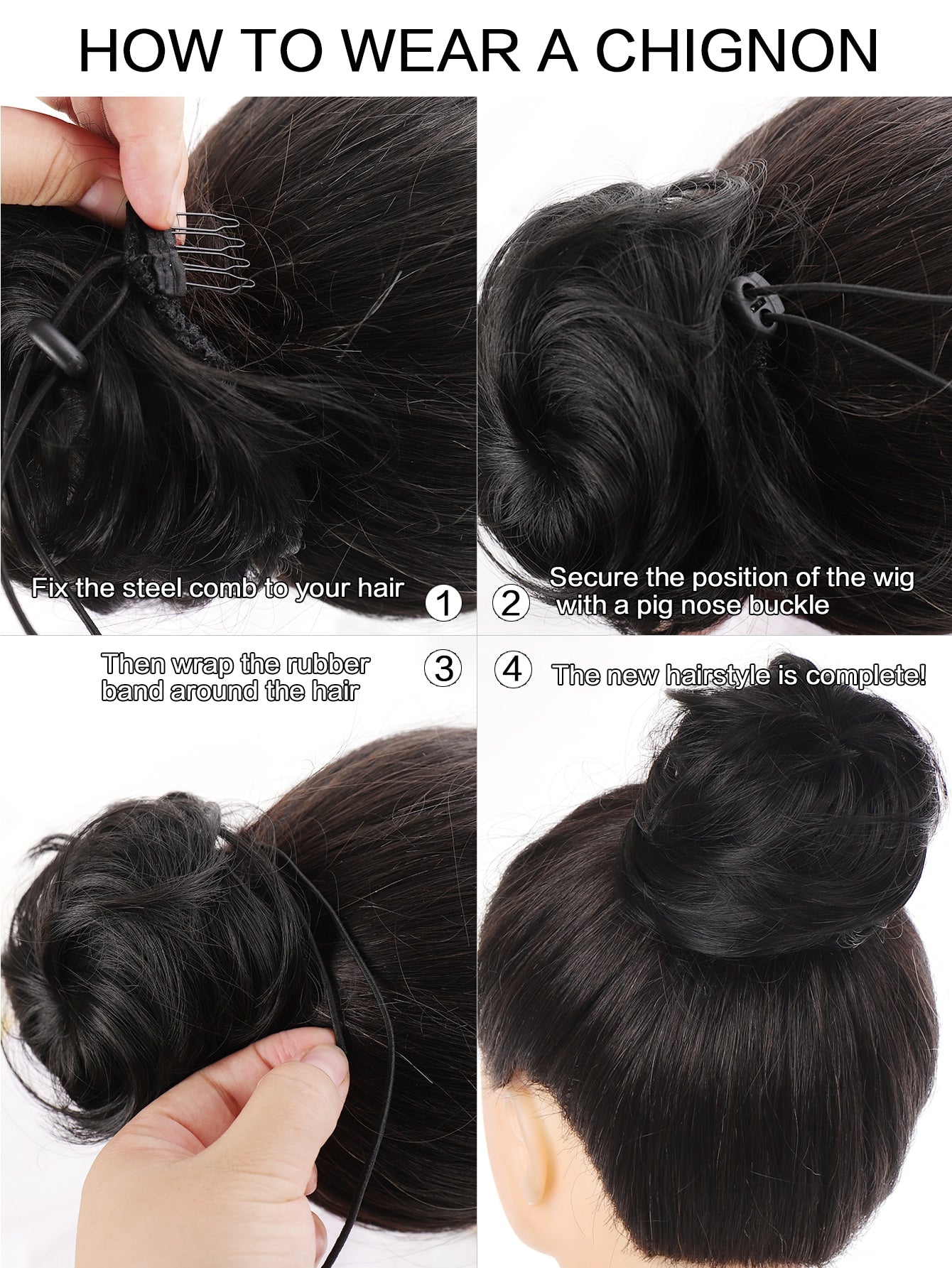 Black Straight Chignon Donut Bun Hair for Girls 3 inch Drawstring Ponytail Bun Hair Extensions