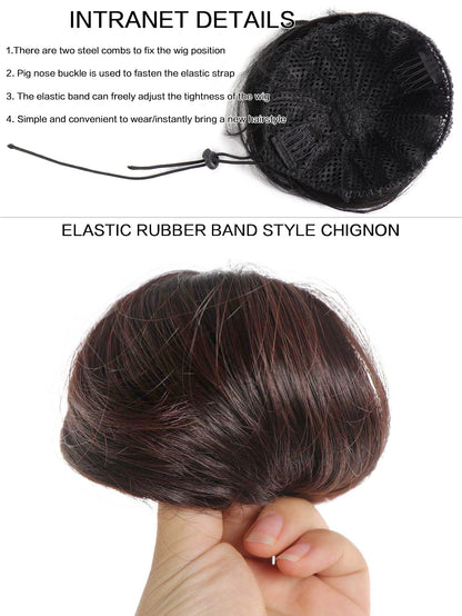 Black Straight Chignon Donut Bun Hair for Girls 3 inch Drawstring Ponytail Bun Hair Extensions