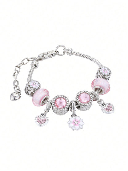 Rhinestone Heart Charm Bead Decor Bracelet