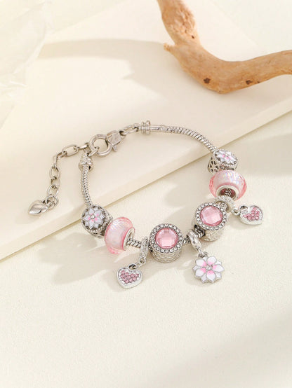 Rhinestone Heart Charm Bead Decor Bracelet