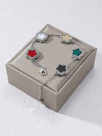 1pc Black Clover & Rhinestone Decor Fashionable Elegant Women's Chain Bracelet (Without Packaging Box)