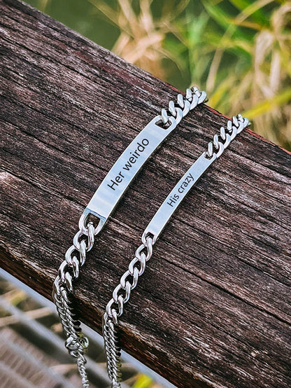 2pcs/set Personalized Metal Engraved Couple Bracelet With Flattened Oval Link Chain