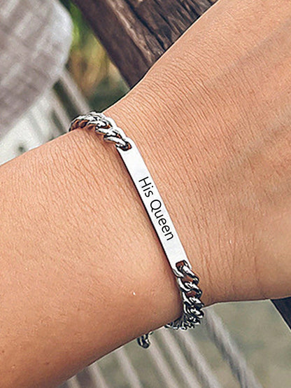 2pcs/set Personalized Metal Engraved Couple Bracelet With Flattened Oval Link Chain