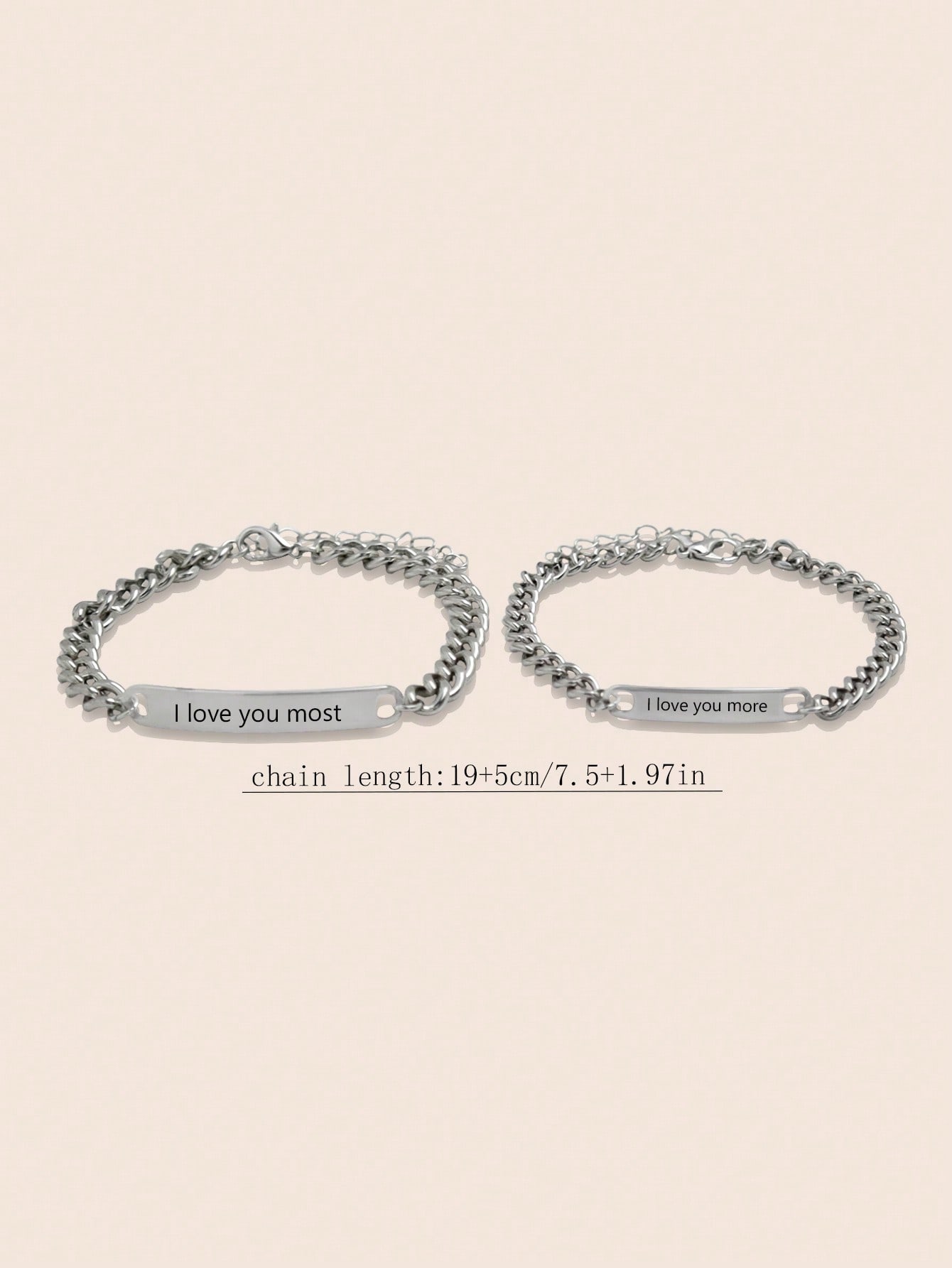 2pcs/set Personalized Metal Engraved Couple Bracelet With Flattened Oval Link Chain