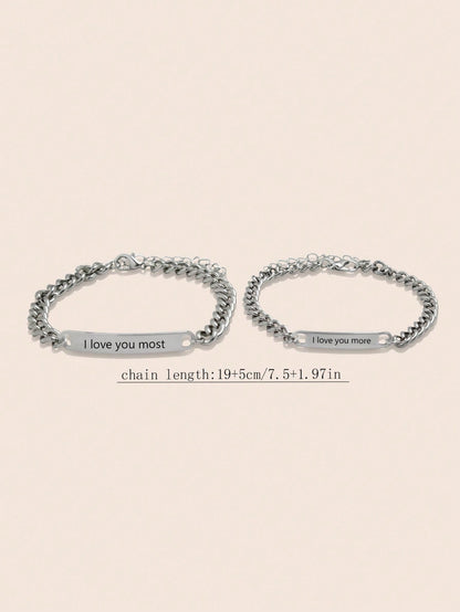 2pcs/set Personalized Metal Engraved Couple Bracelet With Flattened Oval Link Chain