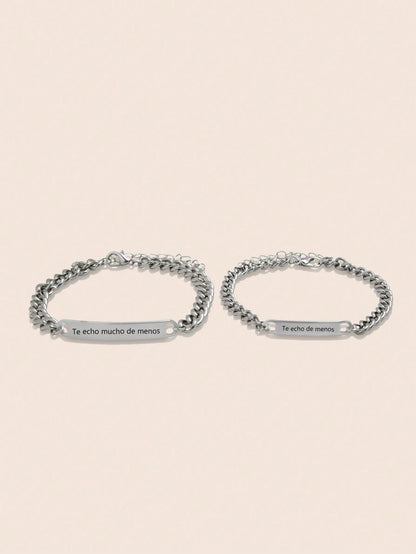 2pcs/set Personalized Metal Engraved Couple Bracelet With Flattened Oval Link Chain