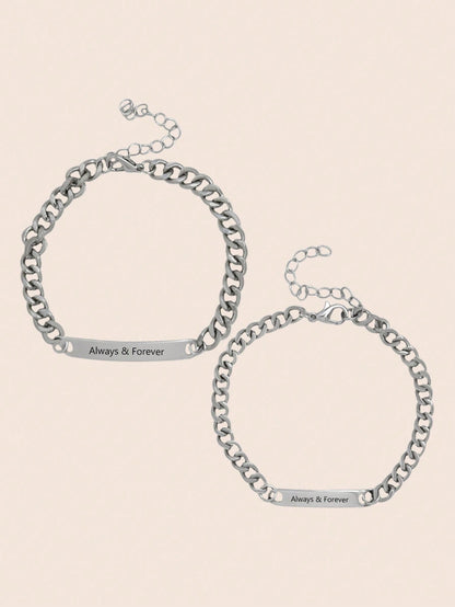 2pcs/set Personalized Metal Engraved Couple Bracelet With Flattened Oval Link Chain