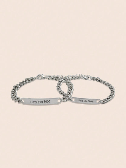 2pcs/set Personalized Metal Engraved Couple Bracelet With Flattened Oval Link Chain