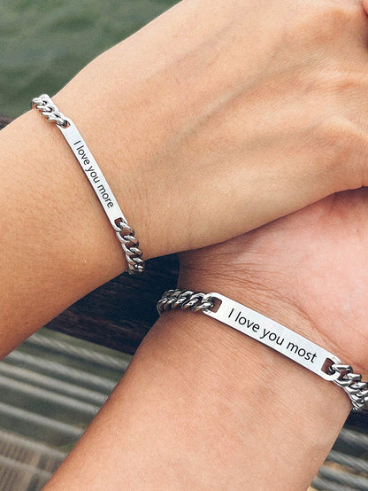 2pcs/set Personalized Metal Engraved Couple Bracelet With Flattened Oval Link Chain