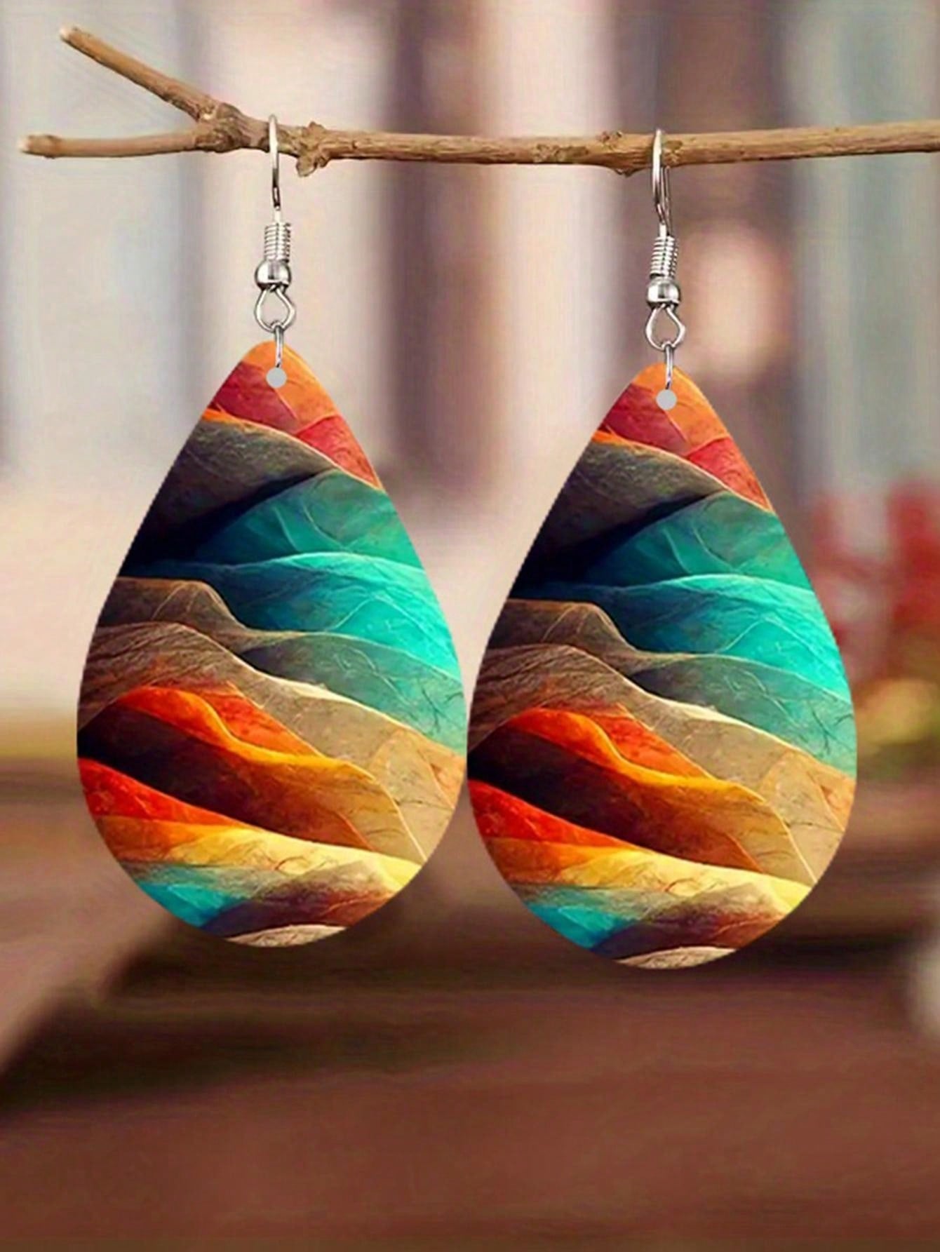 Double Sided Rainbow Print Water Drop Wooden Hook Earrings