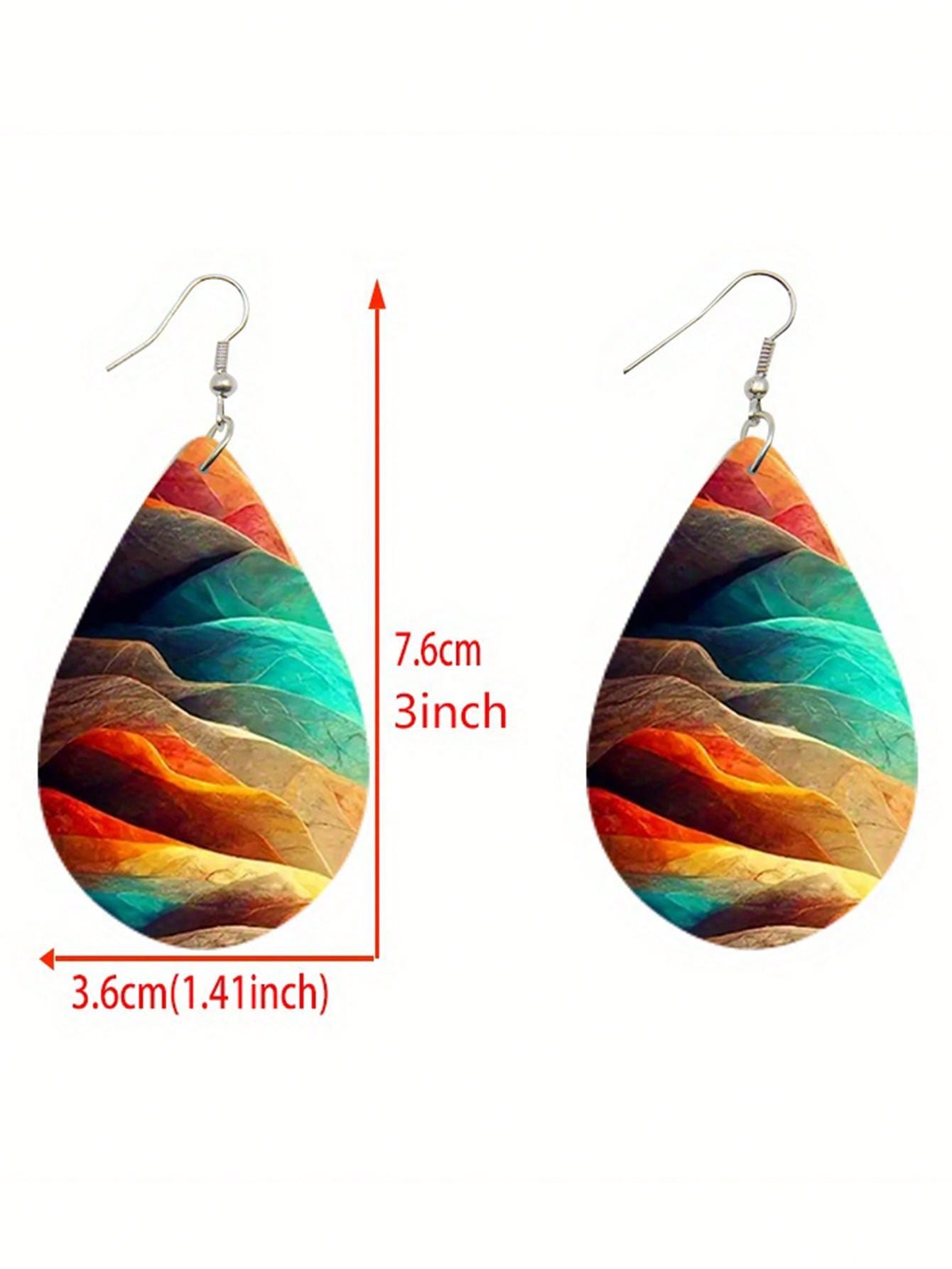 Double Sided Rainbow Print Water Drop Wooden Hook Earrings