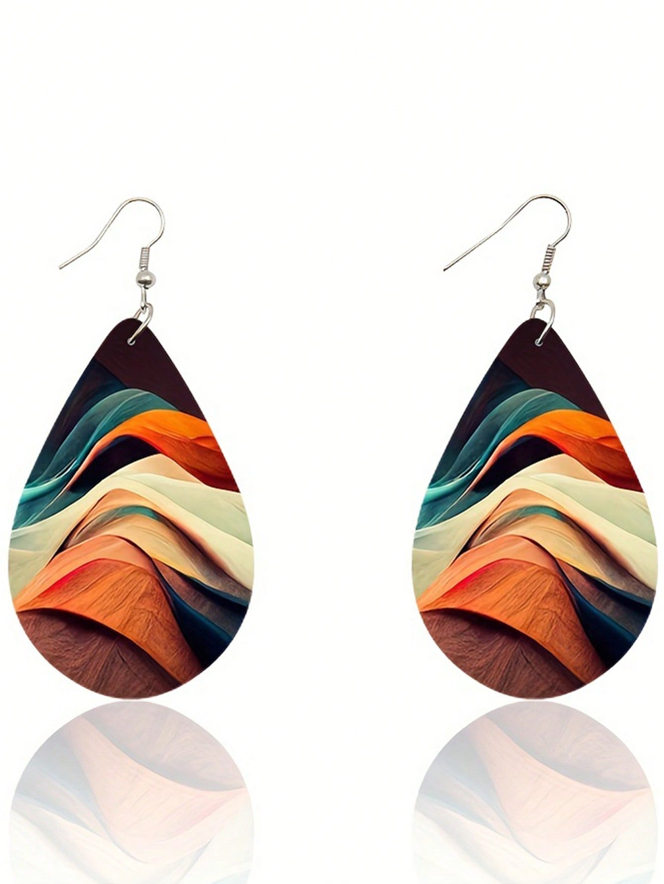 Double Sided Rainbow Print Water Drop Wooden Hook Earrings