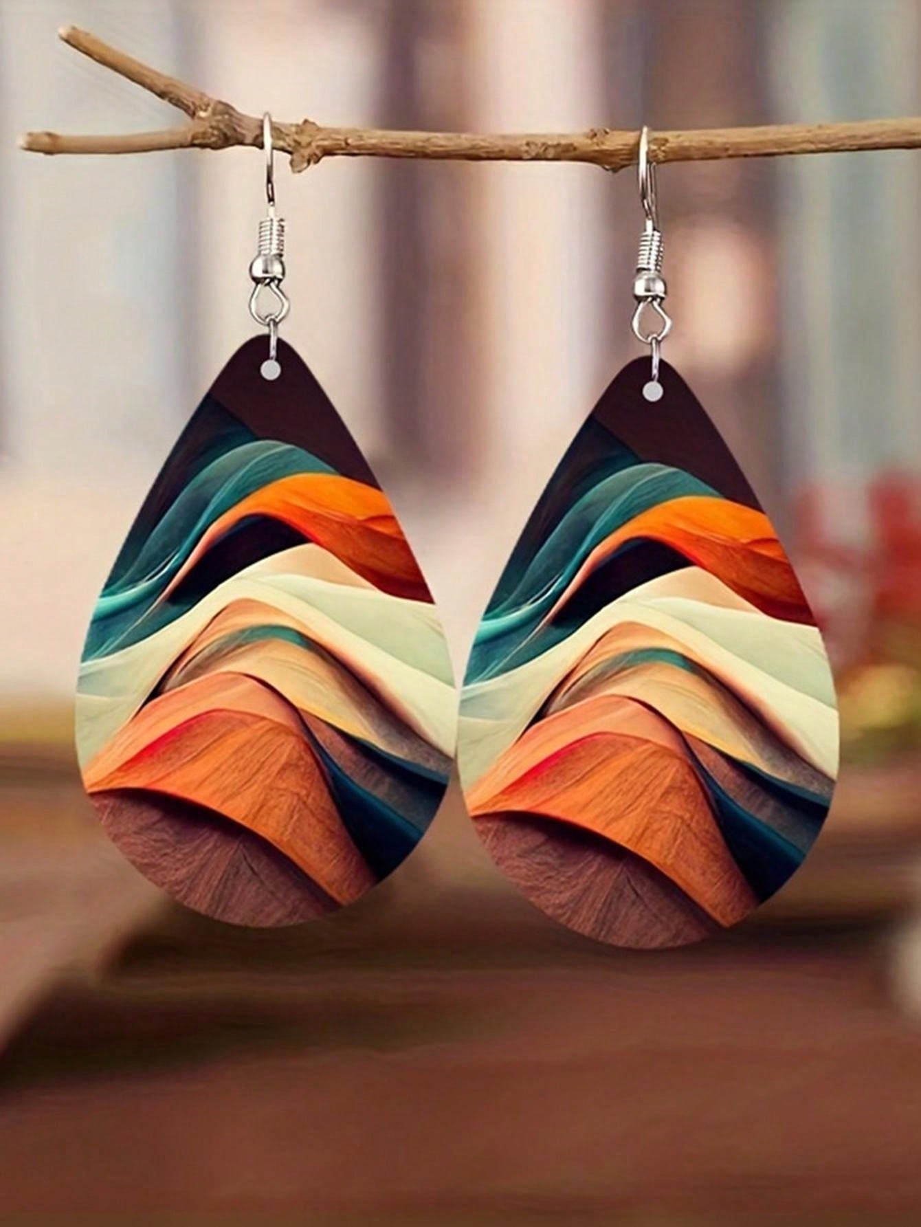 Double Sided Rainbow Print Water Drop Wooden Hook Earrings