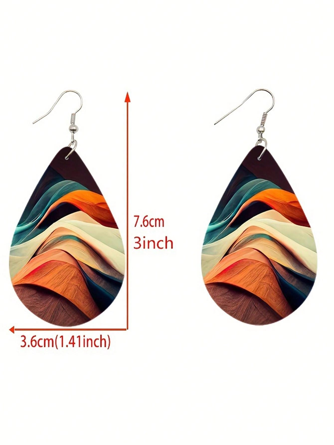 Double Sided Rainbow Print Water Drop Wooden Hook Earrings