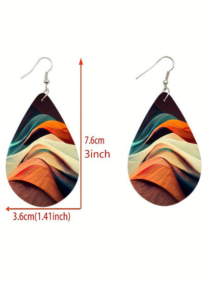 Double Sided Rainbow Print Water Drop Wooden Hook Earrings