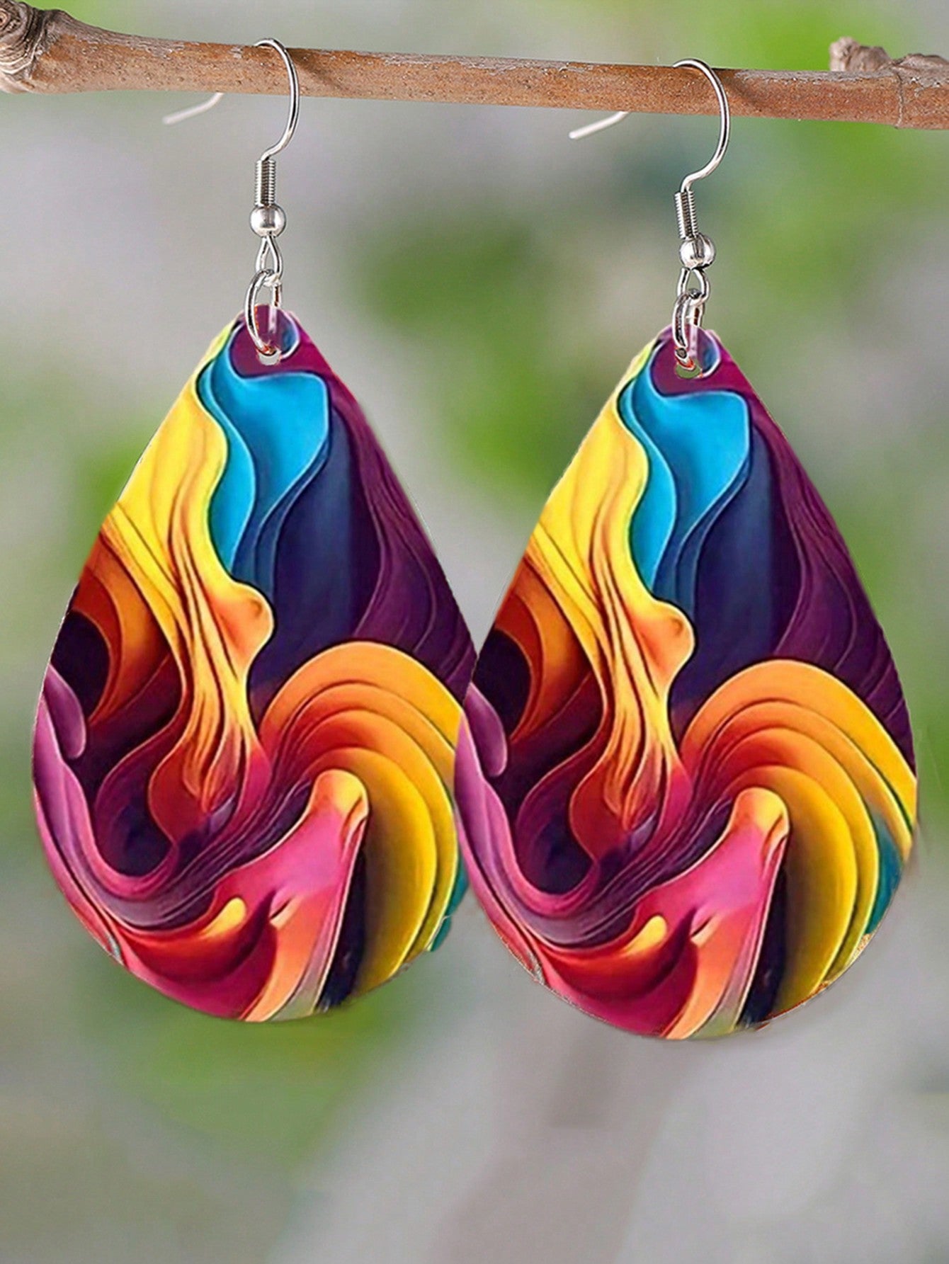 Double Sided Rainbow Print Water Drop Wooden Hook Earrings