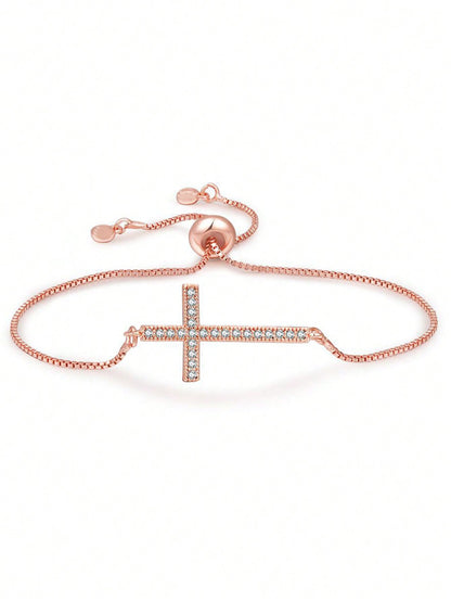 1pc Stainless Steel Cross Pendant Bracelet With Rhinestone